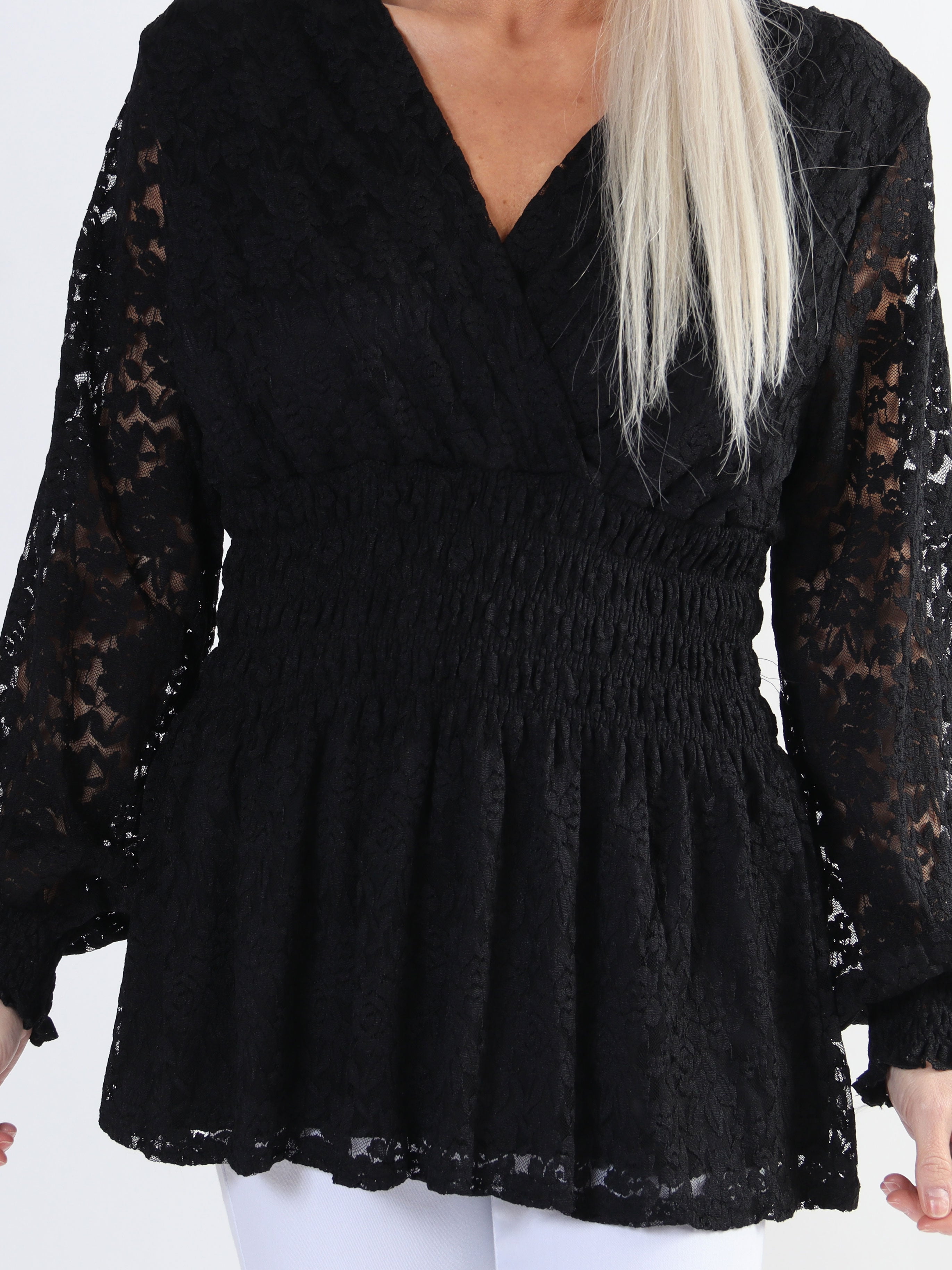 Pams Lace Shirt L/S - Elastisk spetsblus med lång ärm i stora storlekar